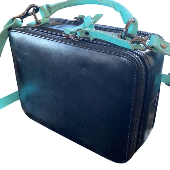 Leather Crossbody Bag Purse Black Blue Top Handle Square‎ Zip - Picture 5 of 14